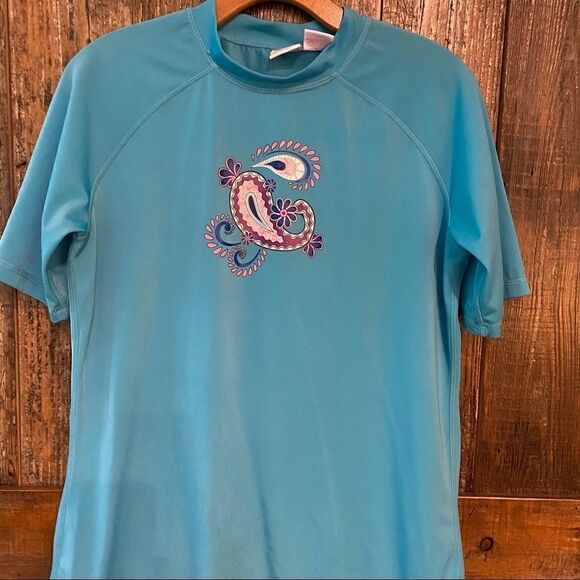 Kanu Surf Sz L Blue SwimSuit  Surfing Beach Paisley Short Sleeve RashGuard Top - Picture 9 of 10